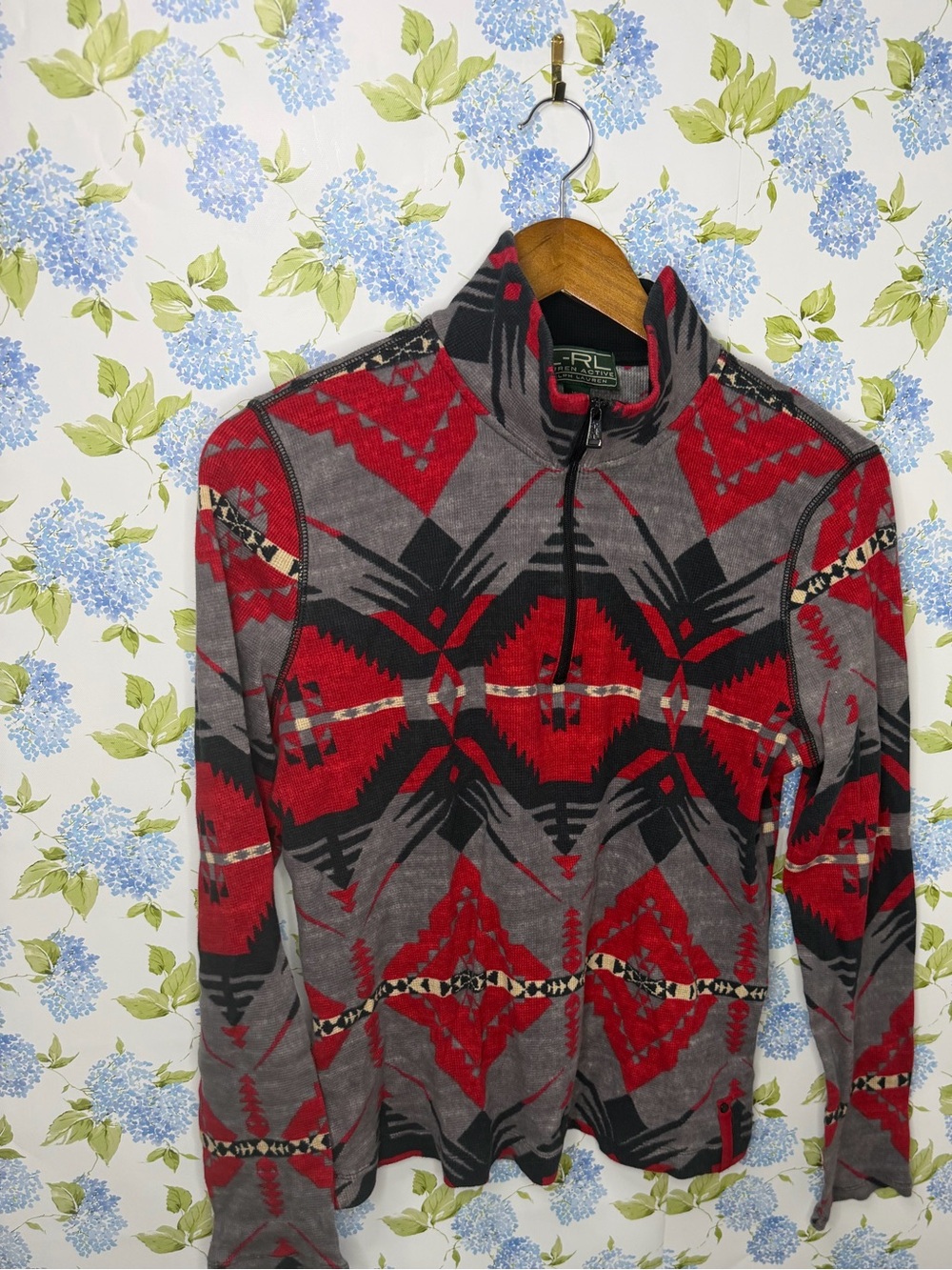 Ralph Lauren Red and Gray Geometric Quarter-Zip Pullover